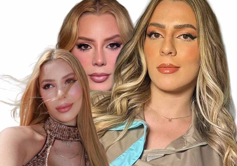 Collage de tres retratos de mujeres jóvenes con cabello largo y rubio y maquillaje llamativo sobre fondo blanco
