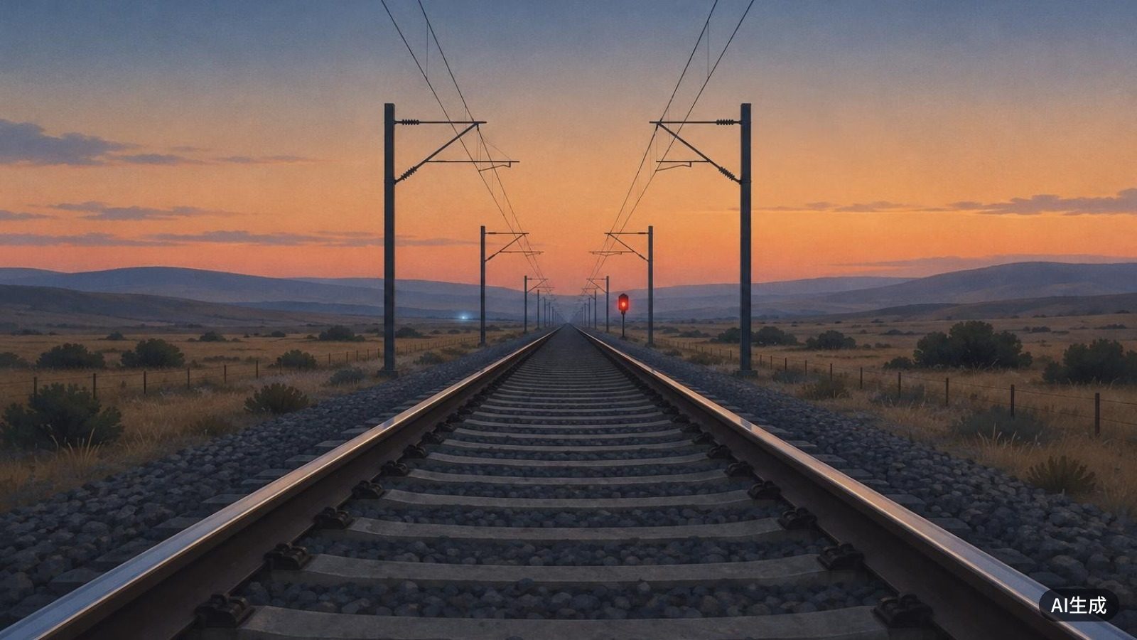 夕暮れの広い平原を走る無人の高速鉄道の線路。遠くに赤い信号が見える