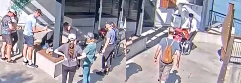 Überwachungsbilder: Mehrere Menschen stehen um eine am Boden liegende Person unter einem Unterstand, rechts schiebt ein Mann einen Kinderwagen.