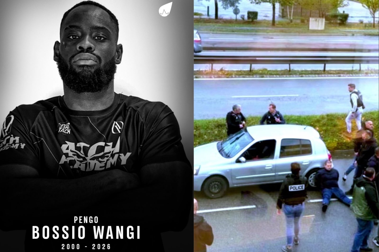 Immagine divisa in due: a sinistra ritratto in bianco e nero di un uomo barbuto con la scritta «Pengo Bossio Wangi, 2000–2026», a destra un intervento della polizia su una strada