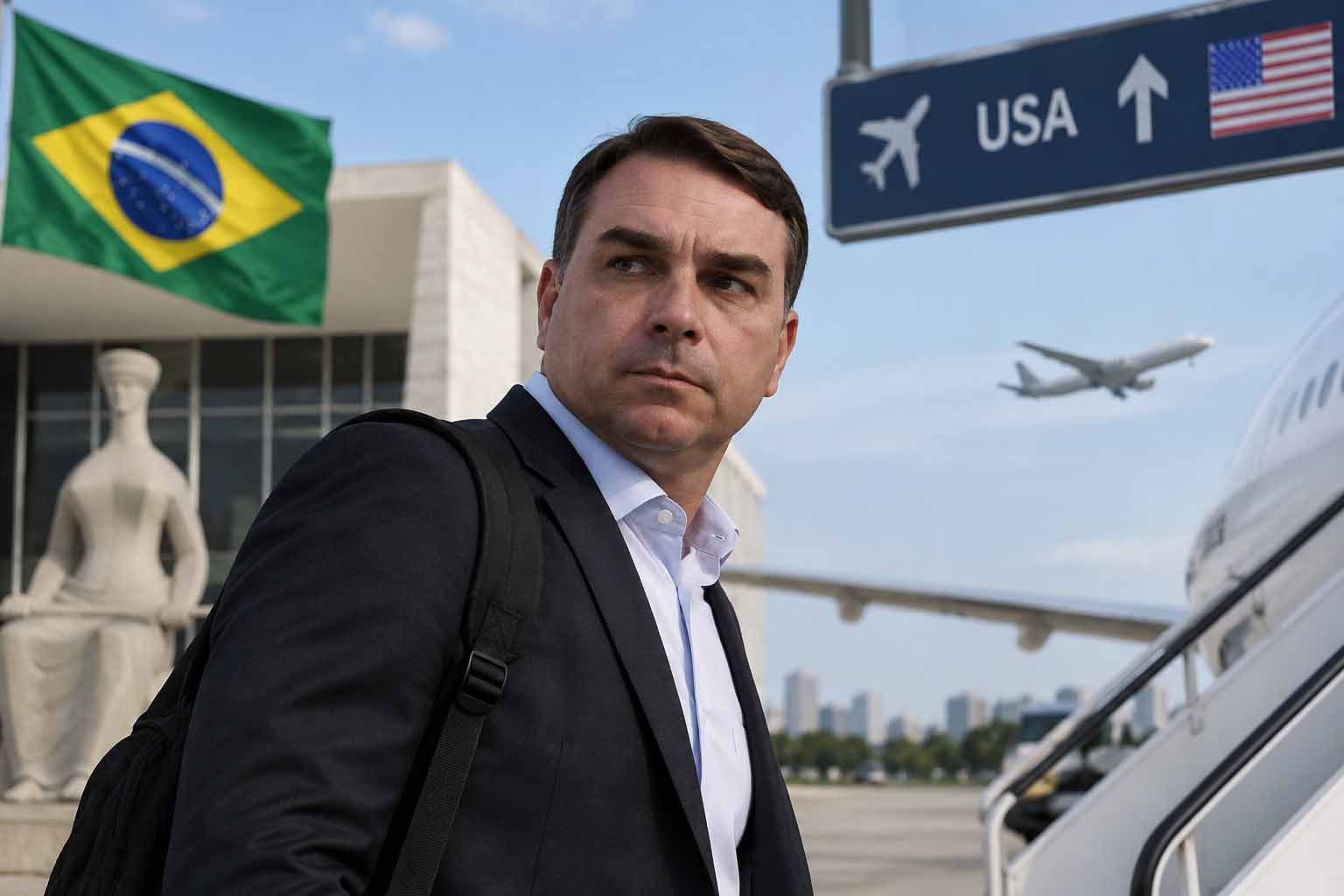 Mann im dunklen Sakko mit Rucksack blickt zur Seite, hinter ihm Brasilien-Flagge, Statue, Flugzeug und Schild „USA“