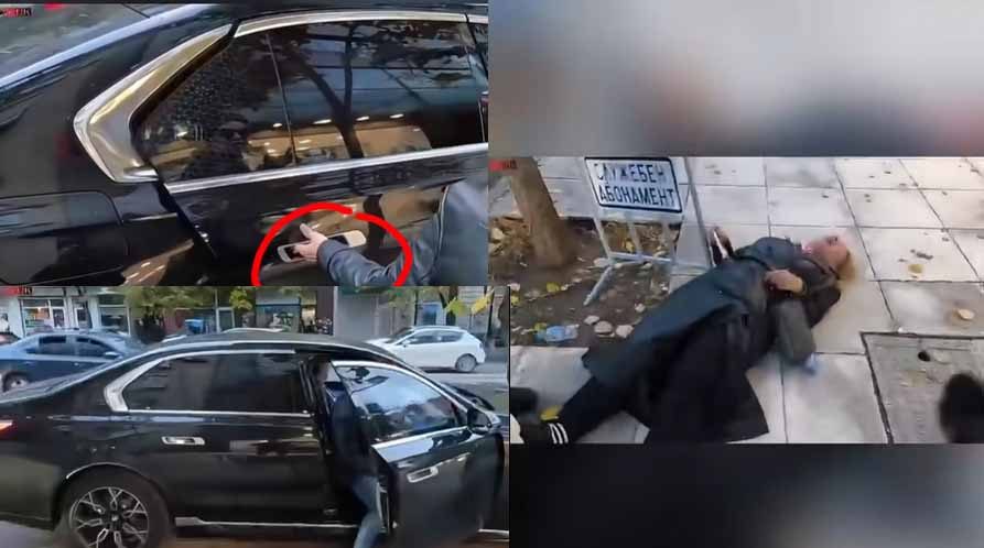 Montage photo : berline noire à la portière ouverte, poignée marquée en rouge, personne allongée sur un trottoir près d'un panneau