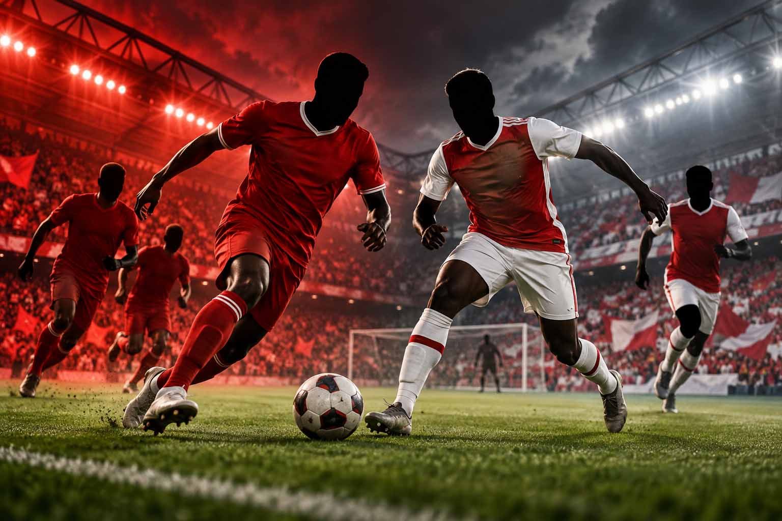 Fußballspieler in Rot und in Rot-Weiß kämpfen in einem vollen Stadion unter Flutlicht um den Ball.