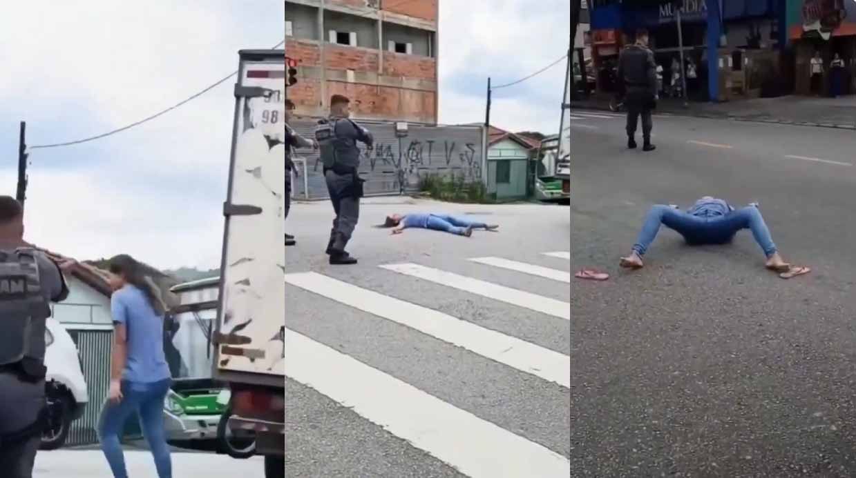 Tres fotogramas de vídeo: policías y una mujer en una calle; luego la mujer yace inmóvil sobre el asfalto.