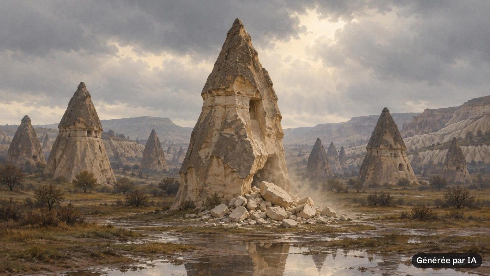 Aiguilles rocheuses en Cappadoce après la pluie, avec des blocs de roche tombés au pied d'une formation