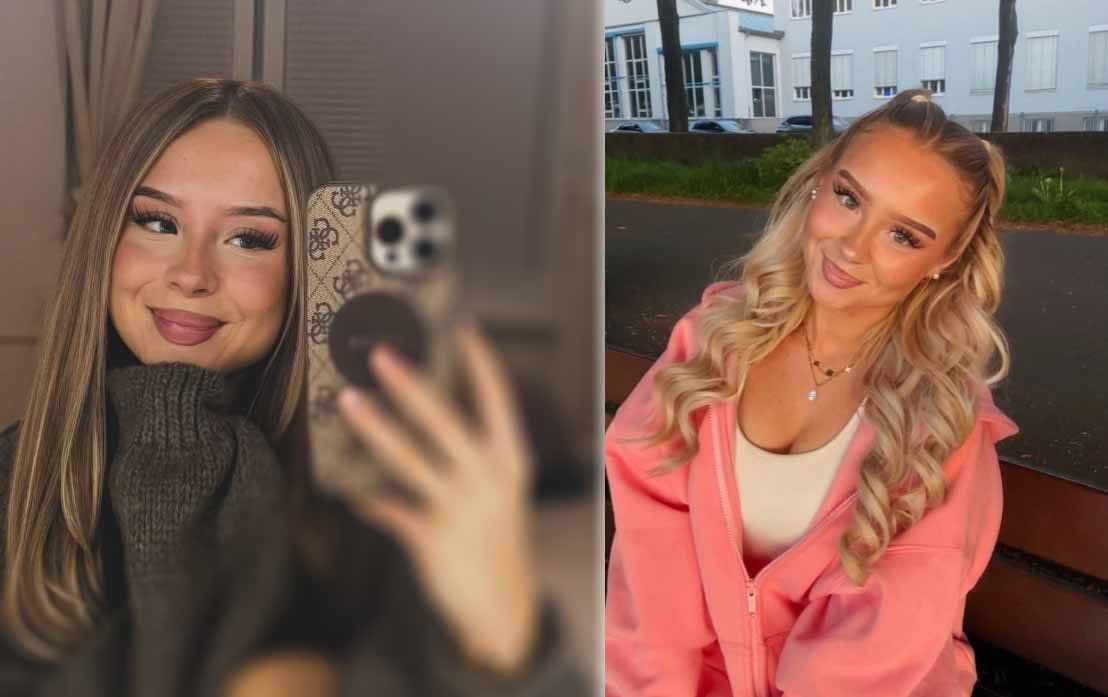Imagen en dos partes: a la izquierda, selfi en el espejo de una joven de pelo largo con jersey de punto; a la derecha, mujer con chaqueta rosa en un banco