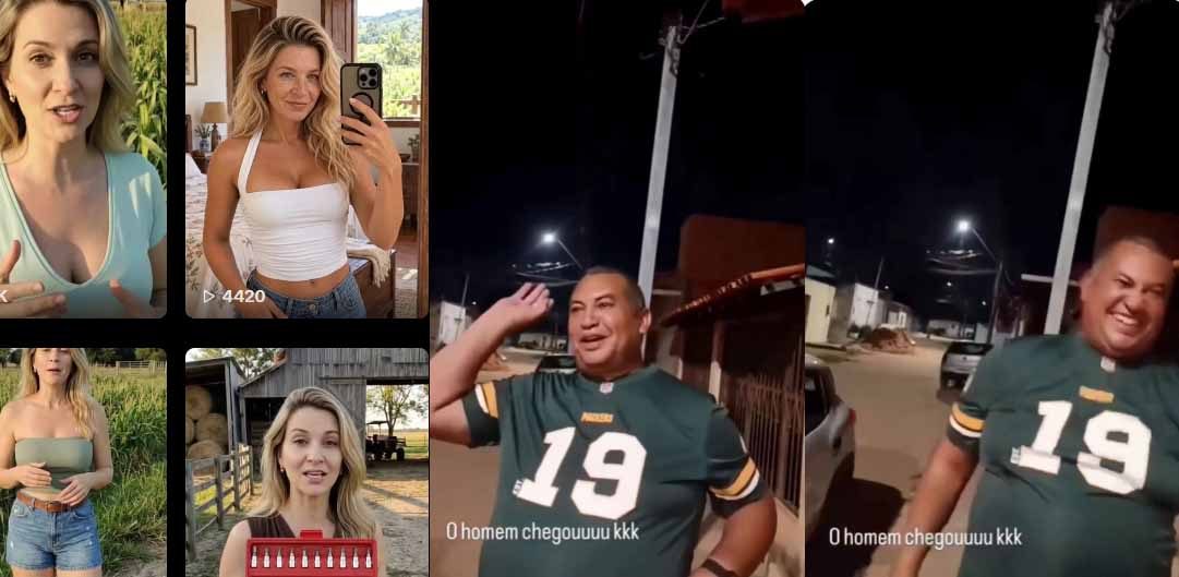 Colagem: à esquerda, quatro imagens de redes sociais de mulheres loiras; à direita, duas fotos noturnas de um homem rindo com camisa 19