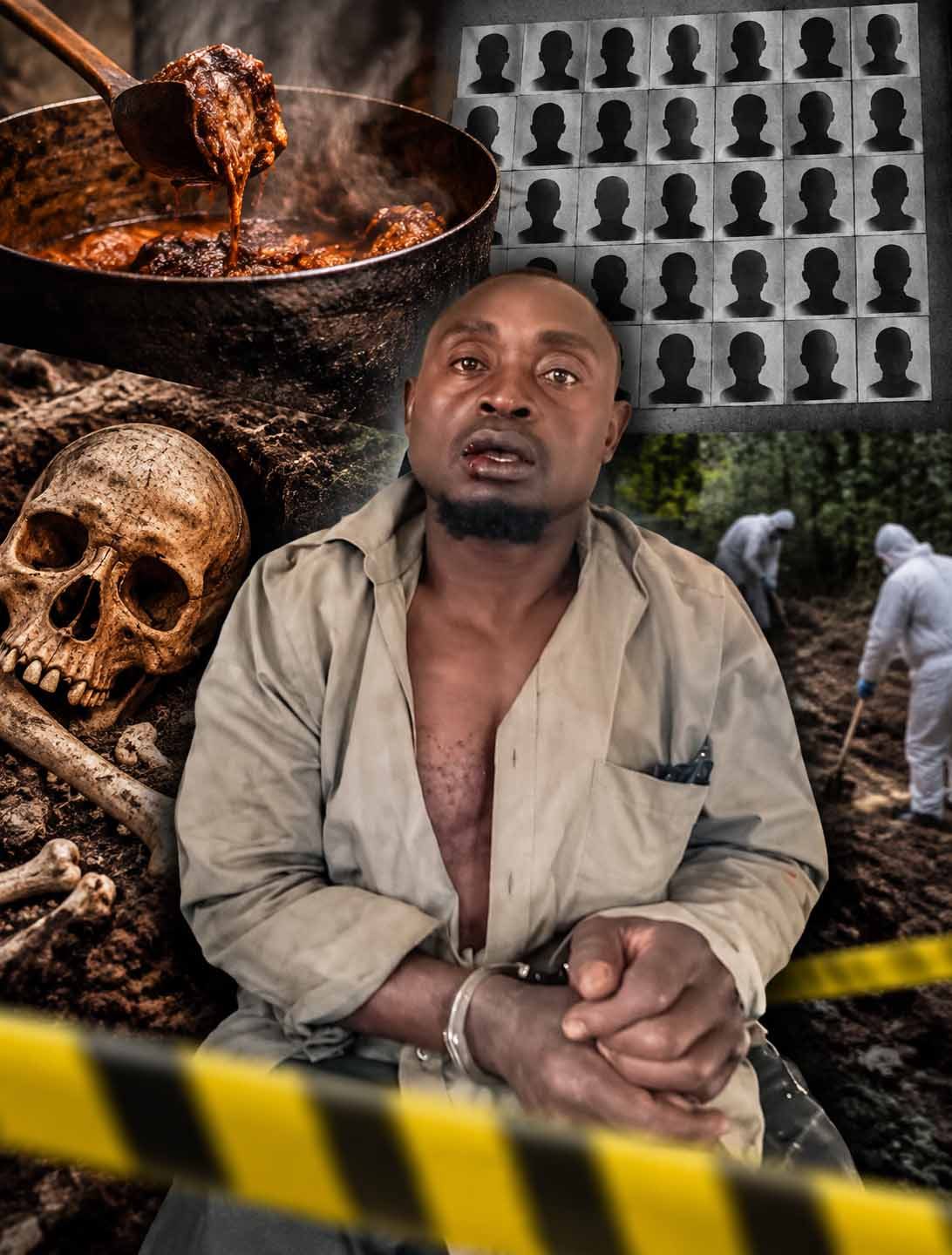 Collage : homme menotté devant un ruban de signalisation, entouré d'un crâne, d'une marmite, de silhouettes et d'enquêteurs en combinaison de protection