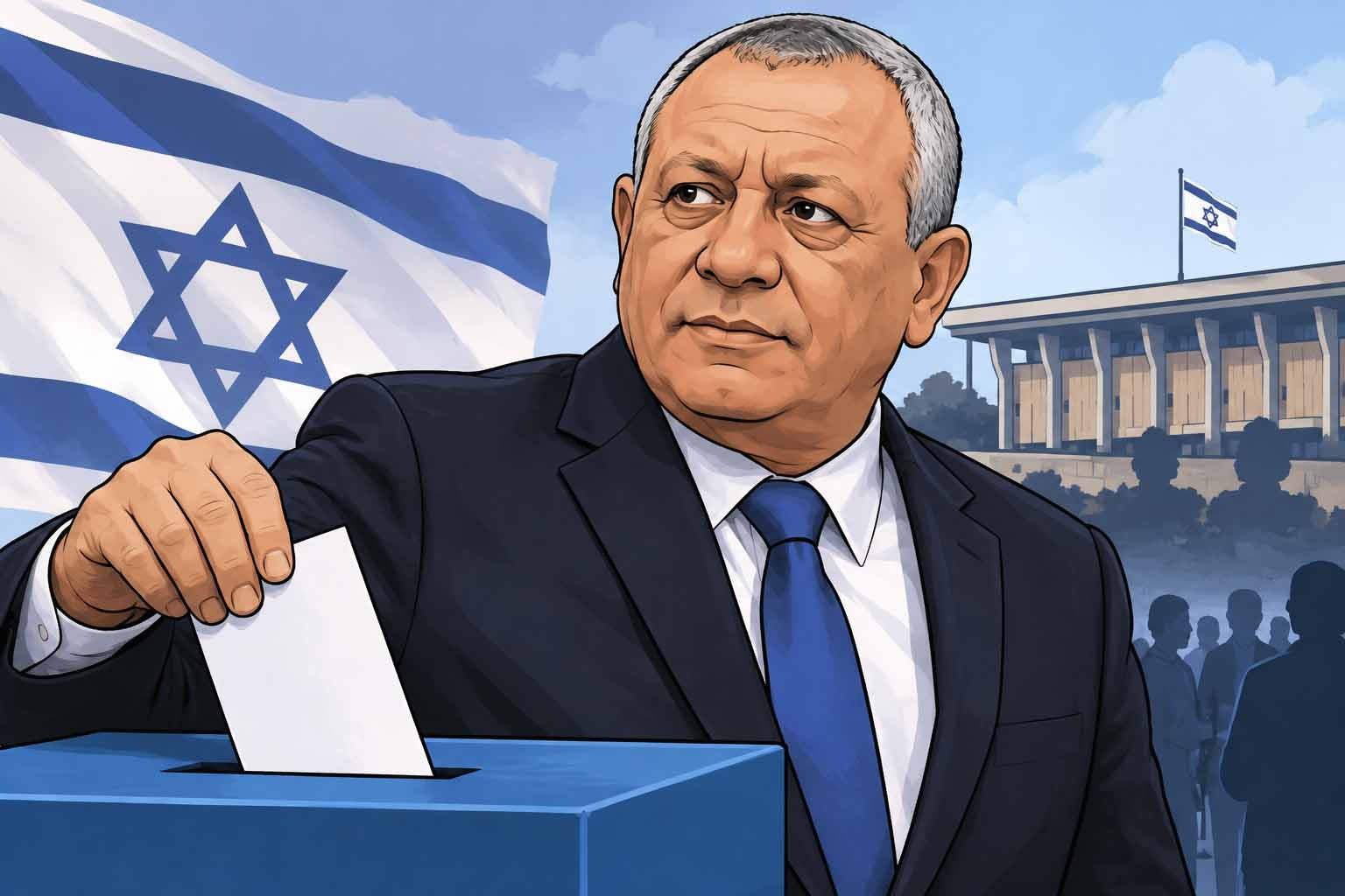 Ilustración: hombre con traje oscuro y corbata azul deposita una papeleta en una urna azul; detrás, bandera israelí y edificios.