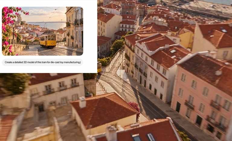 Altstadtgasse mit Dächern aus roten Ziegeln und gelber Straßenbahn; links ein Eingabefenster mit englischem Prompt zu 3D-Modell