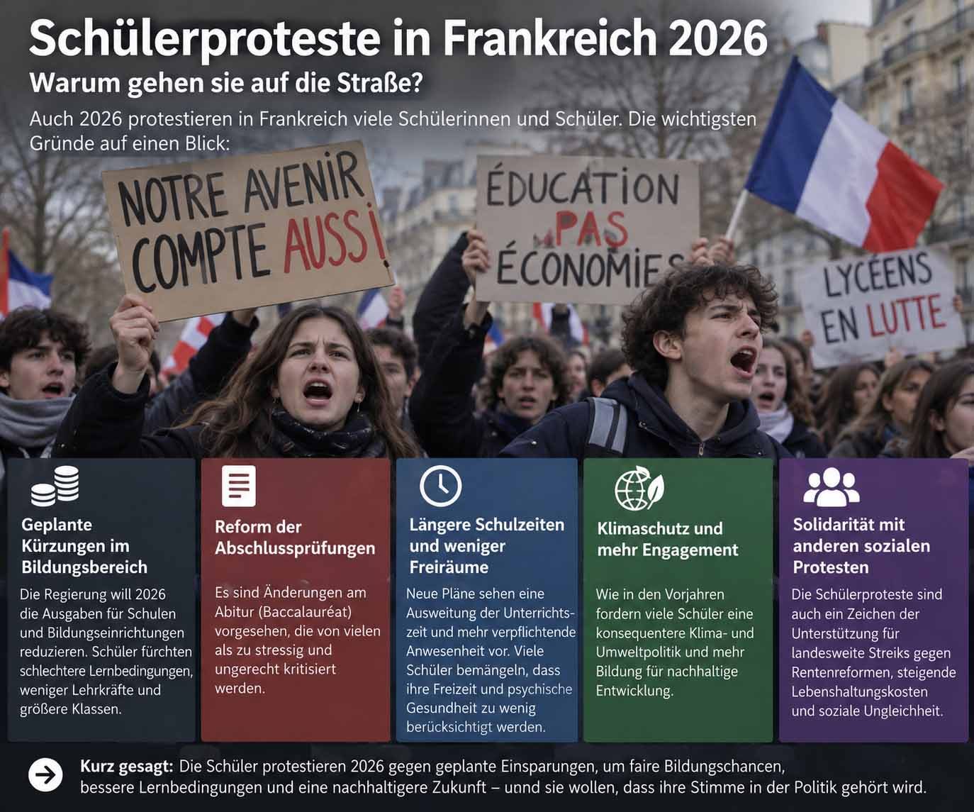 Infográfico sobre protestos estudantis na França: jovens com cartazes e bandeira e, abaixo, cinco motivos