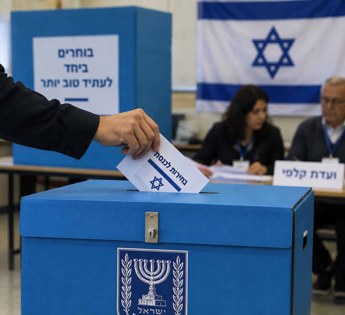 Uma mão deposita uma cédula em uma urna azul com o emblema da menorá; atrás, dois mesários estão sentados diante de uma bandeira de Israel.