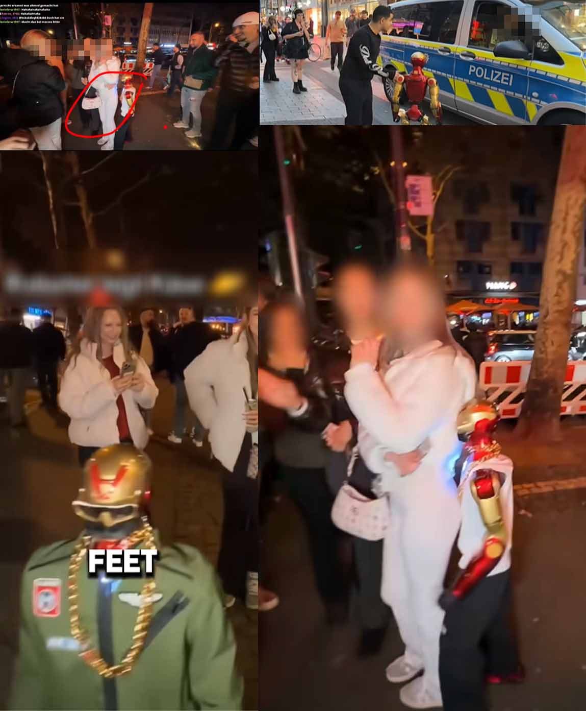 Collage di riprese notturne: persona in costume da Iron Man davanti a passanti e auto della polizia in strada