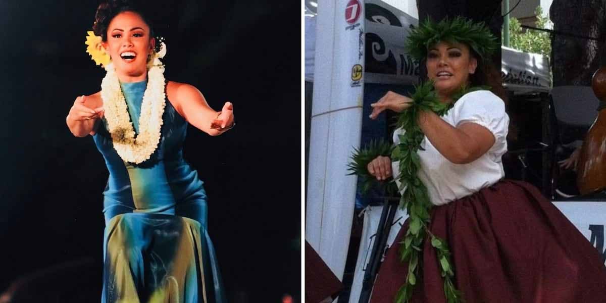 Dwie tancerki na kolażu: po lewej w naszyjniku z kwiatów i niebieskiej sukni na ciemnej scenie, po prawej z wiankiem z liści na otwartej przestrzeni