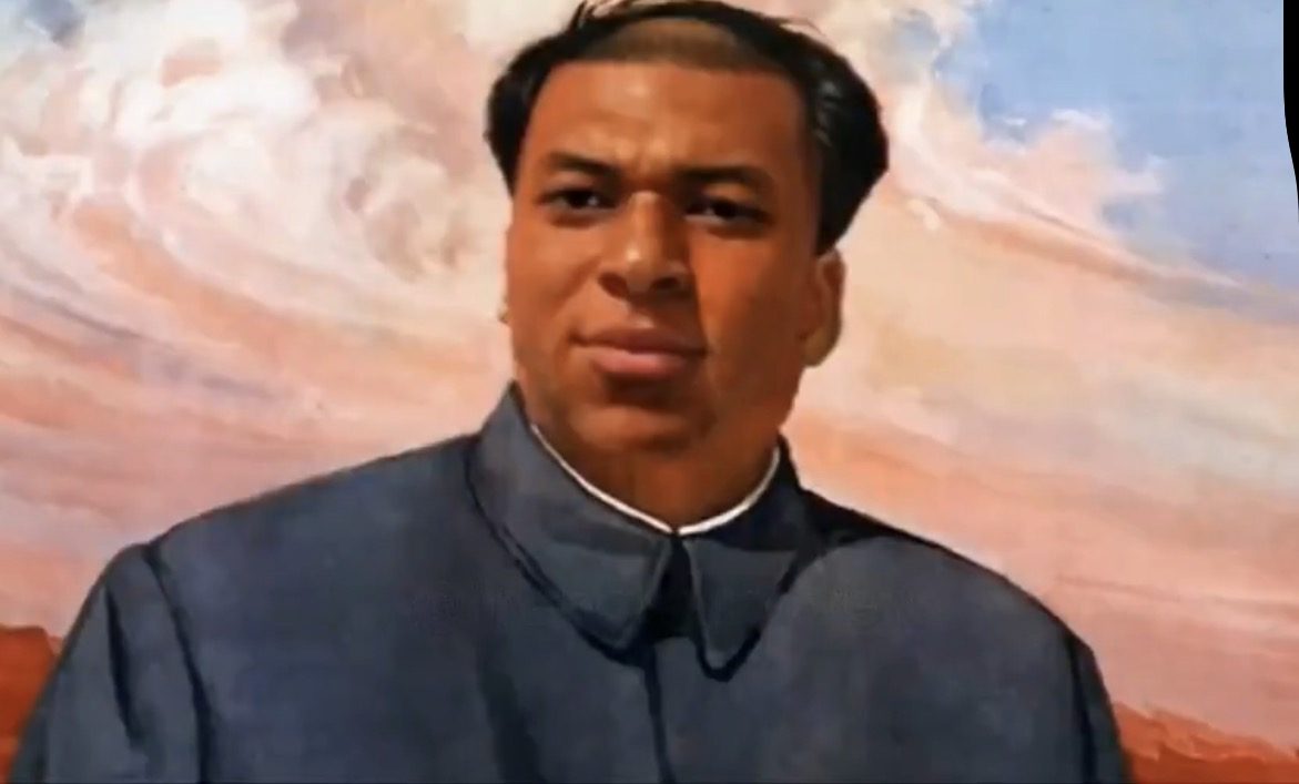 Pintura de um homem de cabelo escuro penteado para trás, com jaqueta azul-acinzentada de gola alta, diante de um céu nublado