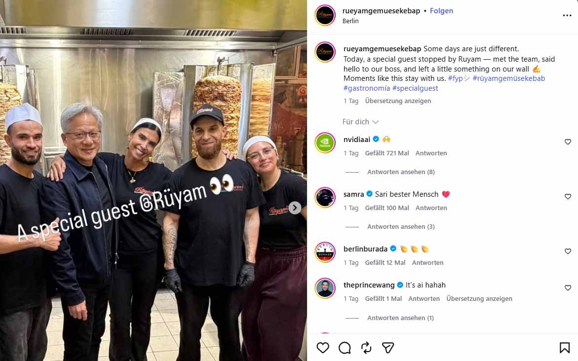 Скриншот публикации в Instagram: пятеро людей стоят на кухне закусочной перед шпажками для дёнера, сверху надпись «A special guest».