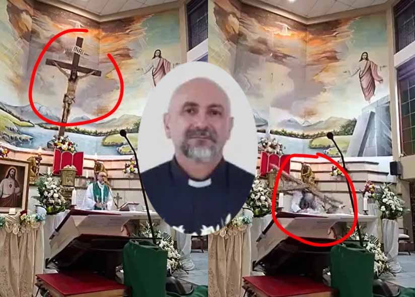 Foto de iglesia dividida en dos: a la izquierda, un crucifijo marcado en rojo en la pared; a la derecha, en el suelo junto al altar; retrato de un hombre en el centro