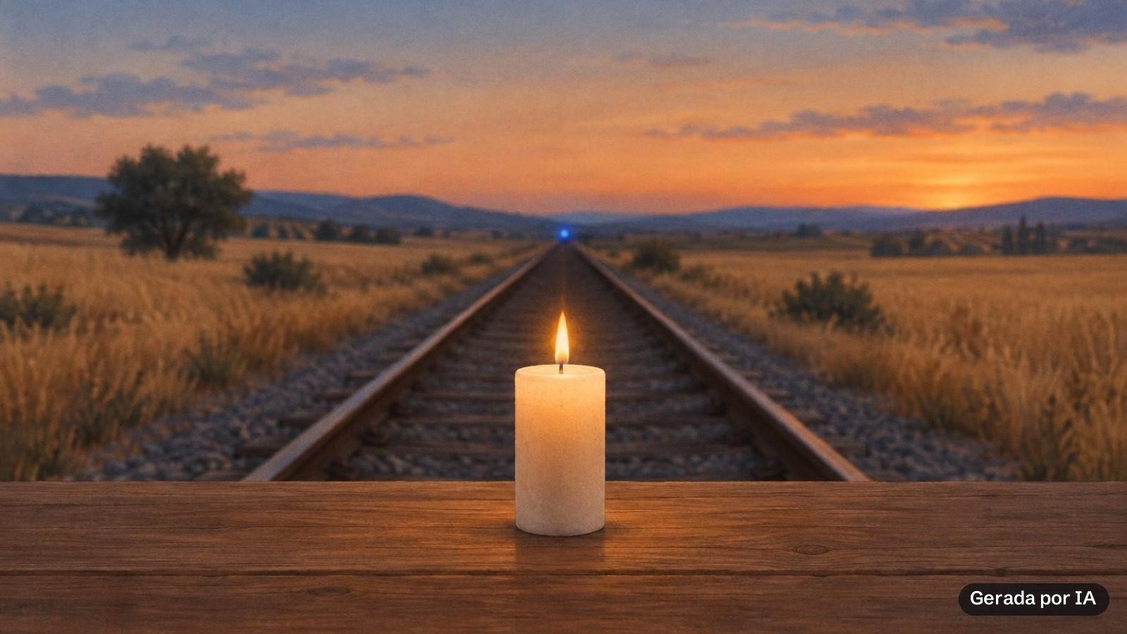 Uma vela acesa sobre uma mesa de madeira, ao fundo trilhos de trem vazios ao entardecer