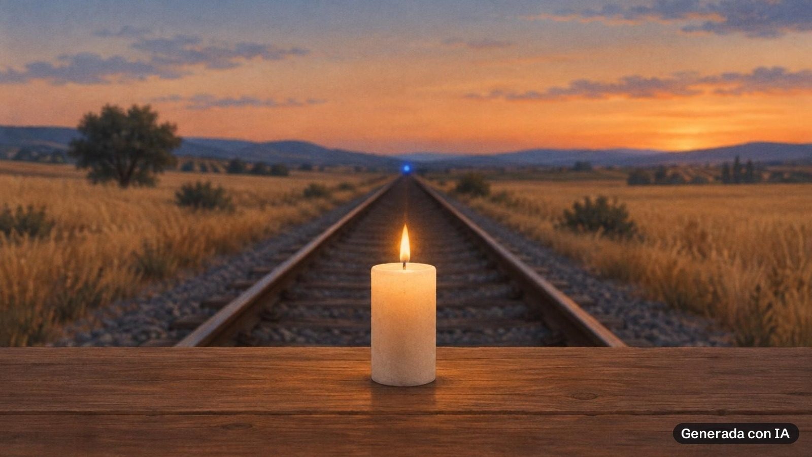 Una vela encendida sobre una mesa de madera y, al fondo, vías de tren vacías al anochecer