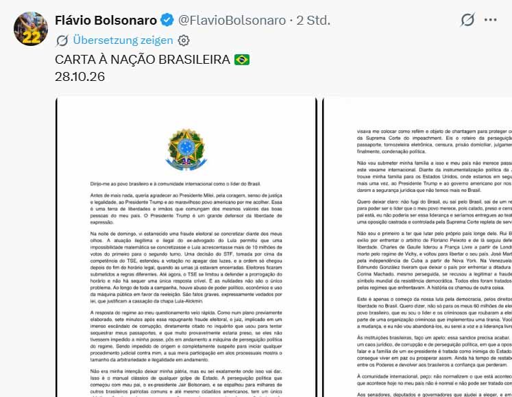 Screenshot eines X-Beitrags mit der Überschrift „Carta à Nação Brasileira“ und zwei Seiten eines Briefs in portugiesischer Sprache