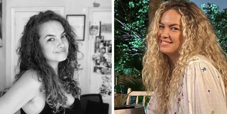 Due ritratti affiancati: a sinistra una donna riccia in bianco e nero in una stanza, a destra una donna bionda sorridente all'aperto