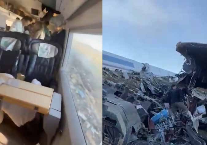 Imagem em duas partes: à esquerda, um compartimento de trem inclinado com assentos e pessoas; à direita, destroços de vagões destruídos