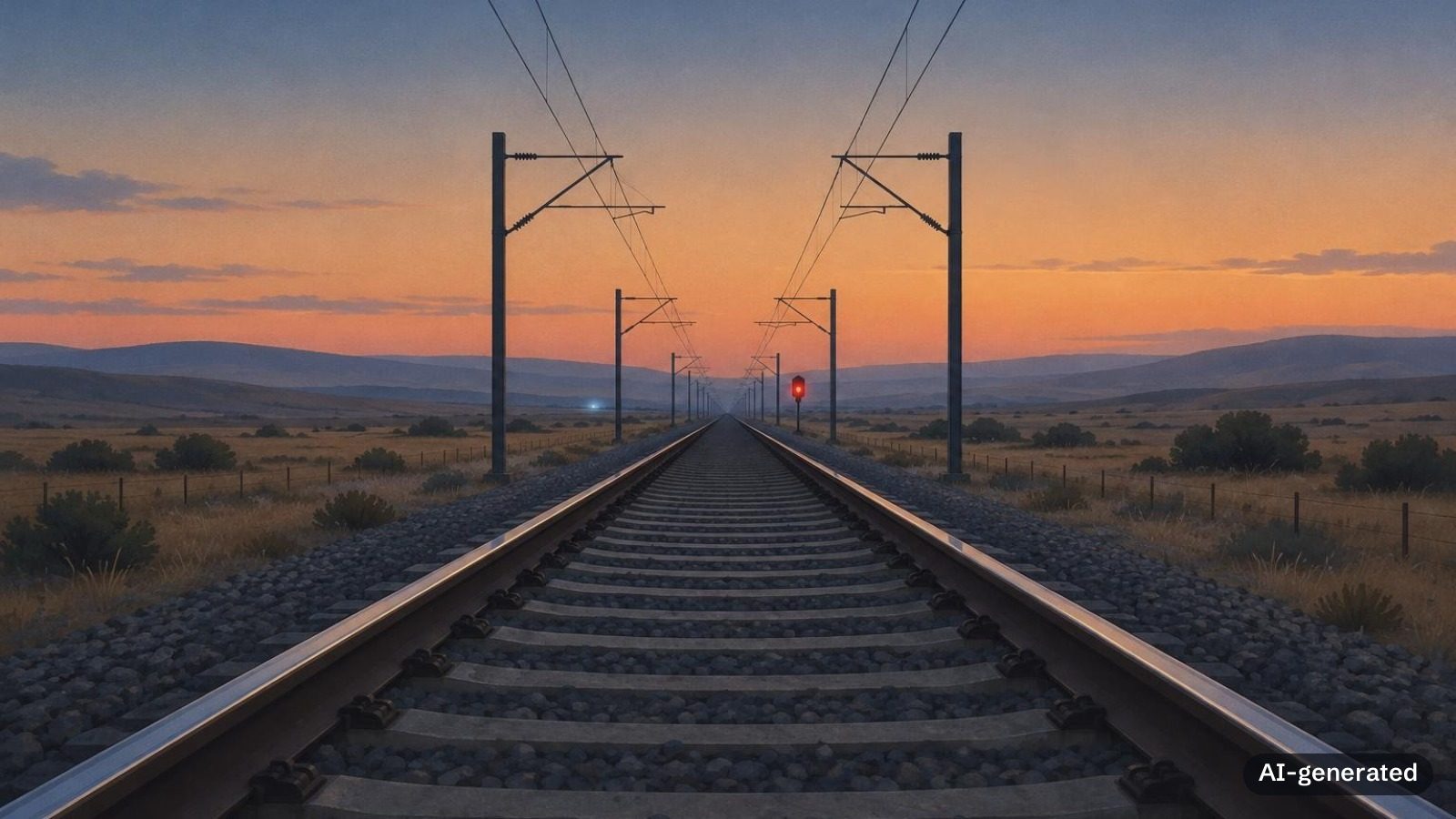Empty high-speed rail line across a wide plain at dusk, with a red signal in the distance