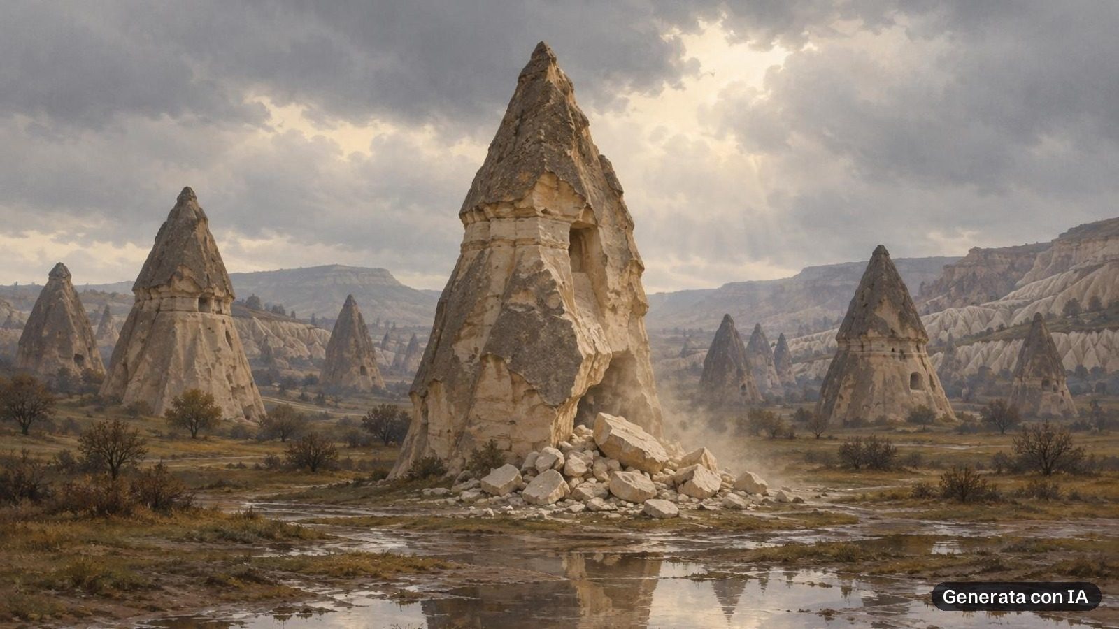 Pinnacoli di roccia in Cappadocia dopo la pioggia, ai piedi di una formazione giacciono massi caduti
